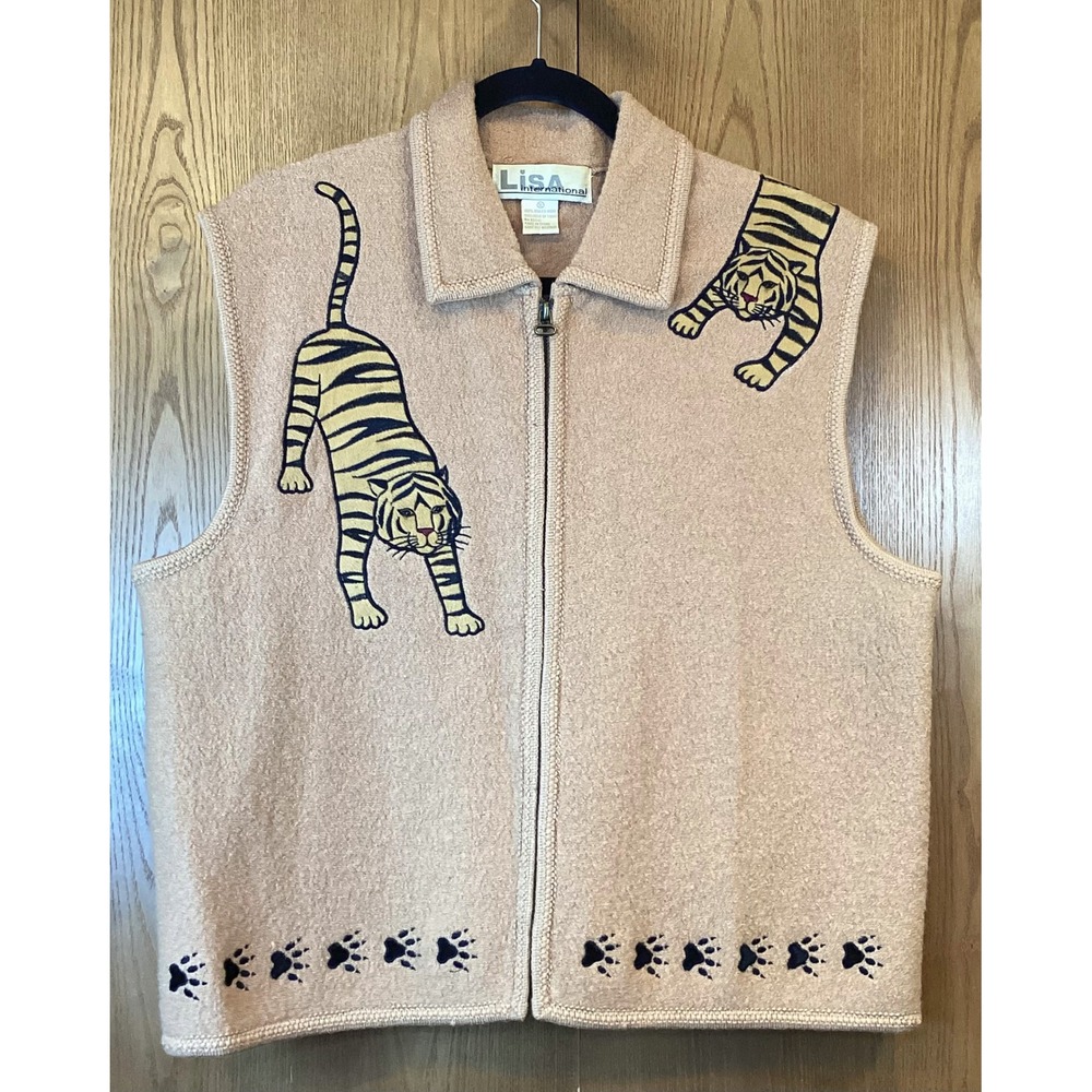 Lisa International Vintage Women's Wool Beige Embroidered Tiger‎ Zip Up Vest  XL